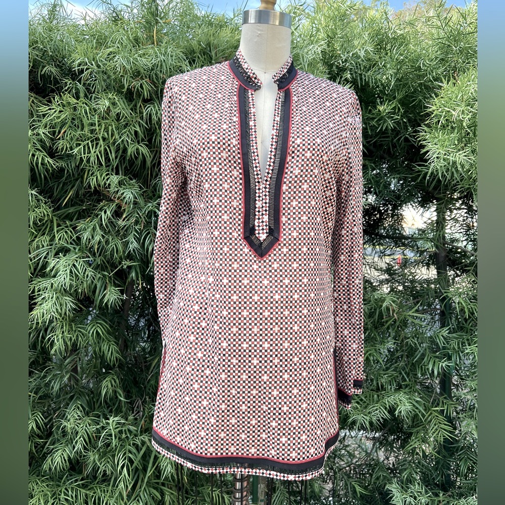 Tory, Burch, top, size 8, color, off-white, black, and red checkerboard pattern.